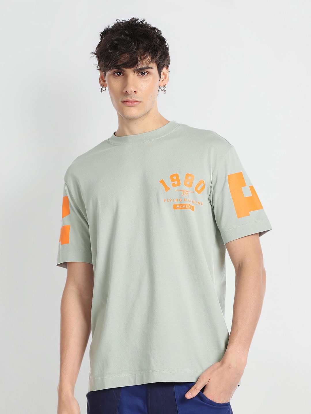 Flying Machine Typography Printed Short Sleeves Oversized Pure Cotton T-Shirt, Grey