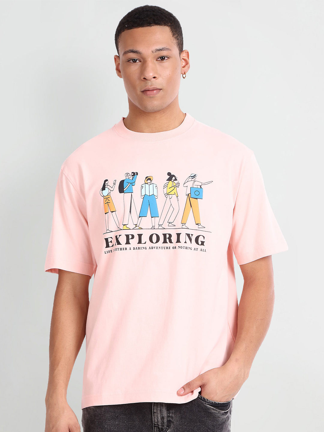 

Flying Machine Graphic Printed Short Sleeves Oversized Pure Cotton T-Shirt, Pink