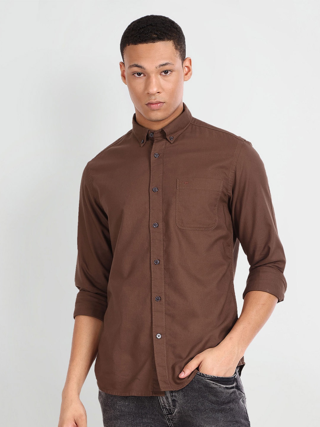 

Flying Machine Button-Down Collar Slim Fit Pure Cotton Casual Shirt, Brown