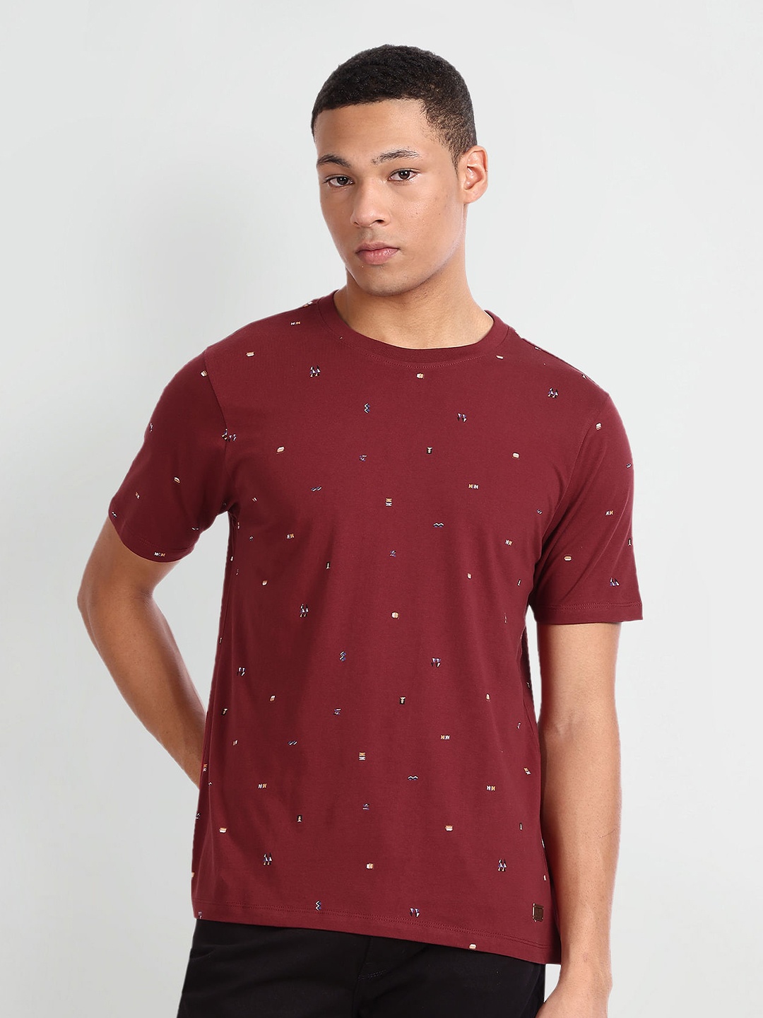 

Flying Machine Conversational Printed Round Neck Pure Cotton T-shirt, Red