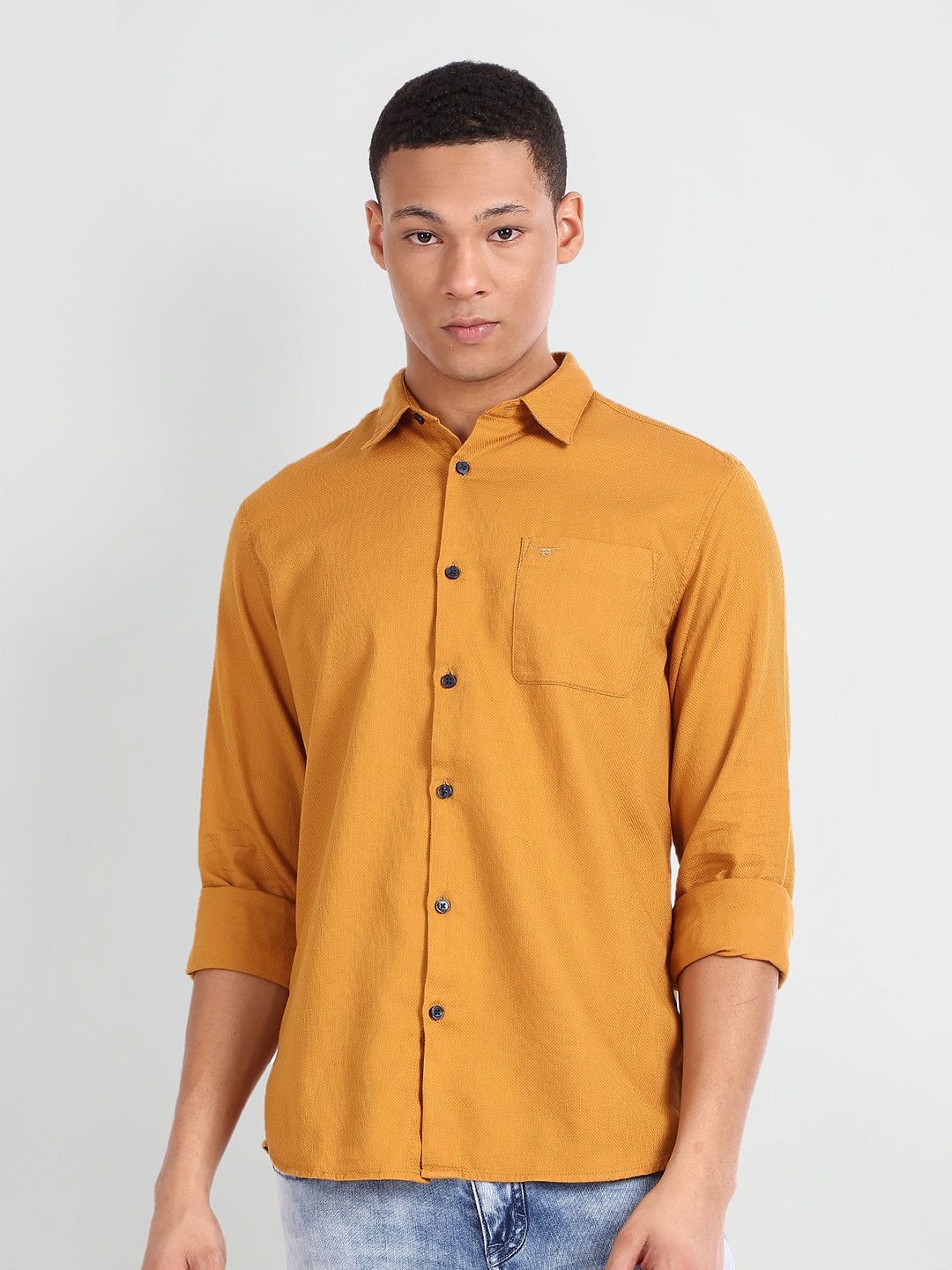 

Flying Machine Spread Collar Slim Fit Pure Cotton Casual Shirt, Yellow