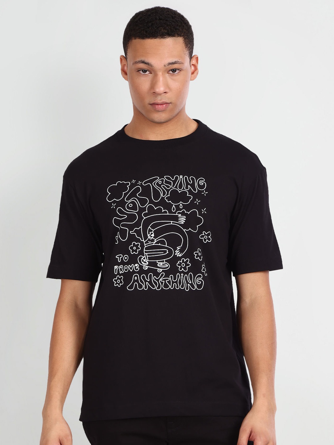 Flying Machine Conversational Printed Round Neck Pure Cotton T-shirt, Black