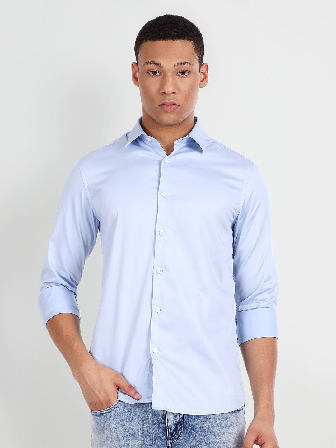 

Flying Machine Spread Collar Slim Fit Pure Cotton Casual Shirt, Blue