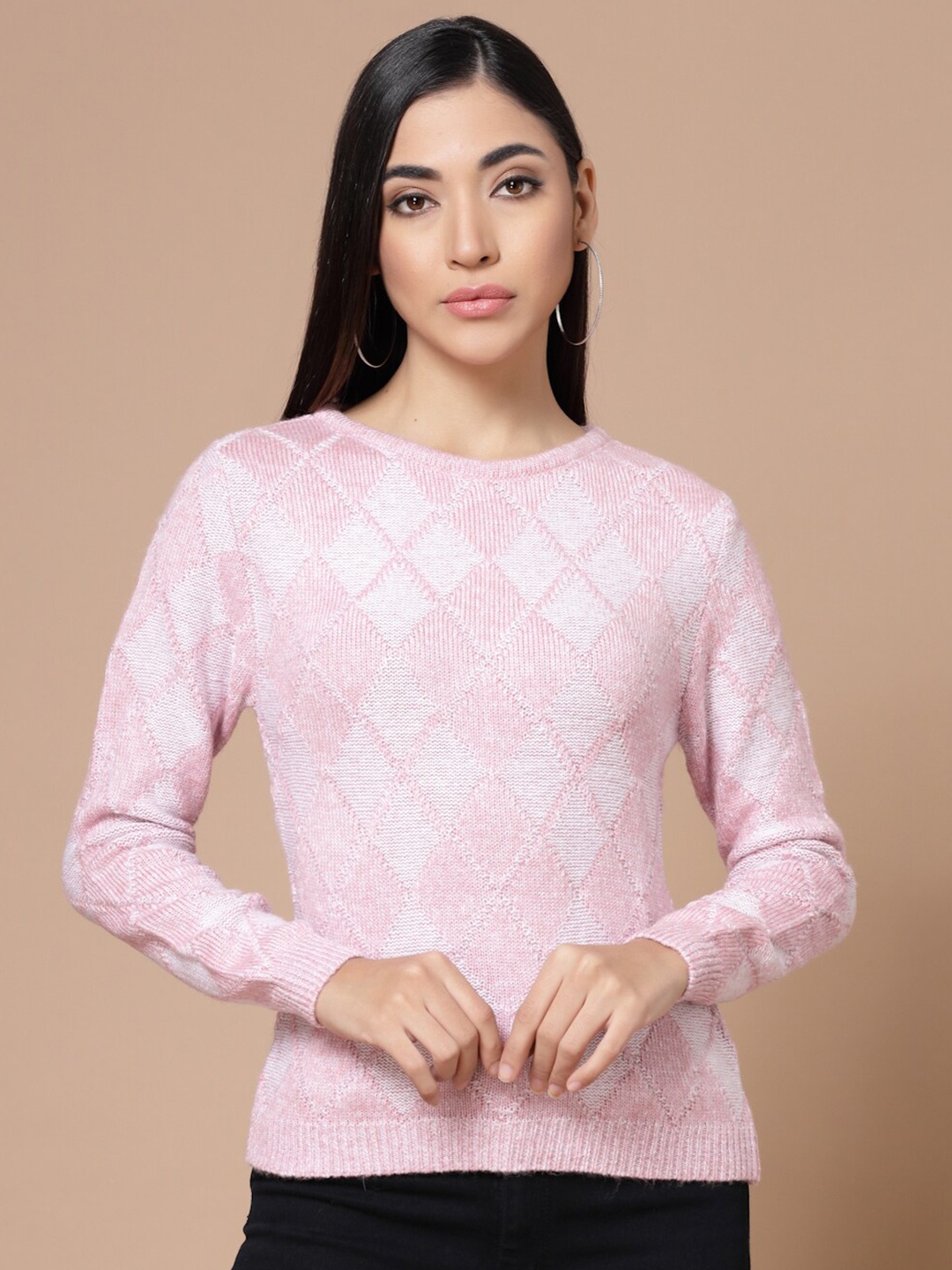 

BAESD Geometric Self Design Pullover Acrylic Sweater, Pink