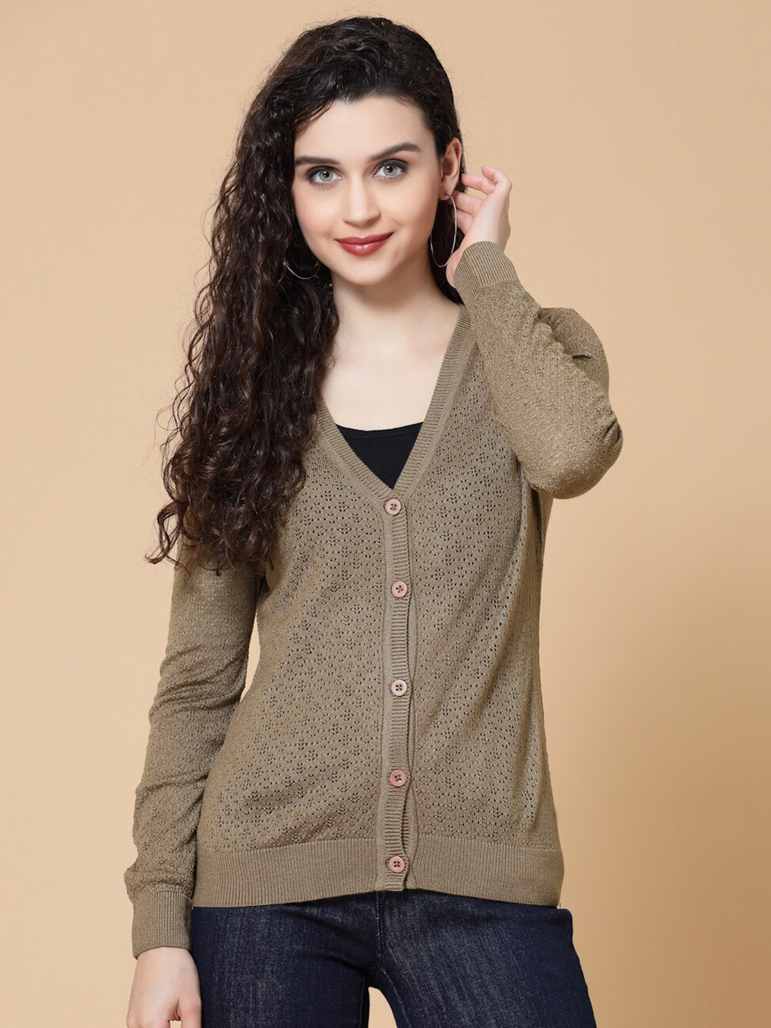 

BAESD Open Knit V-Neck Acrylic Cardigan Sweater, Camel brown