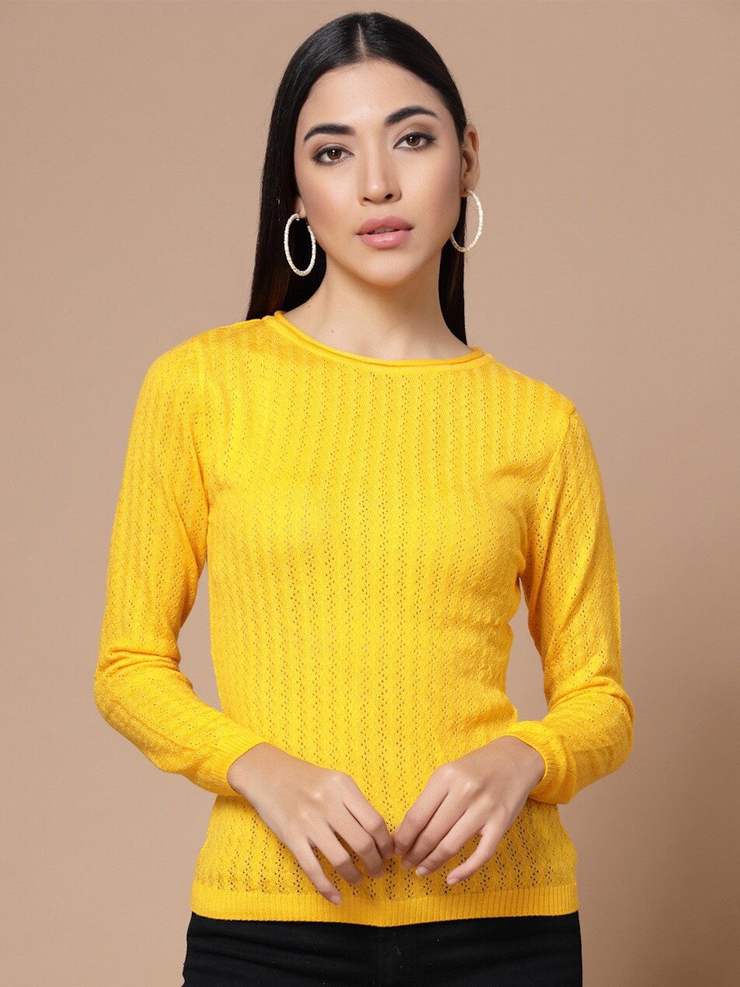 

BAESD Open Knit Self Design Acrylic Pullover Sweater, Yellow