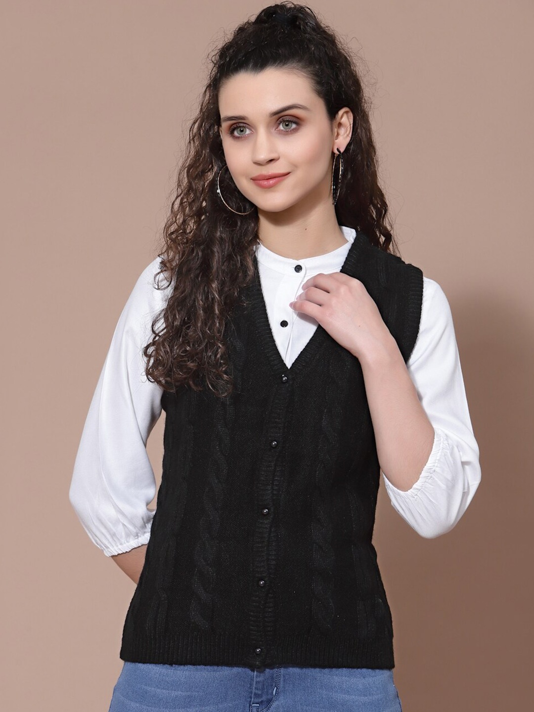 

BAESD Self Design Sleeveless Cable Knit Acrylic Cardigan Sweater, Black