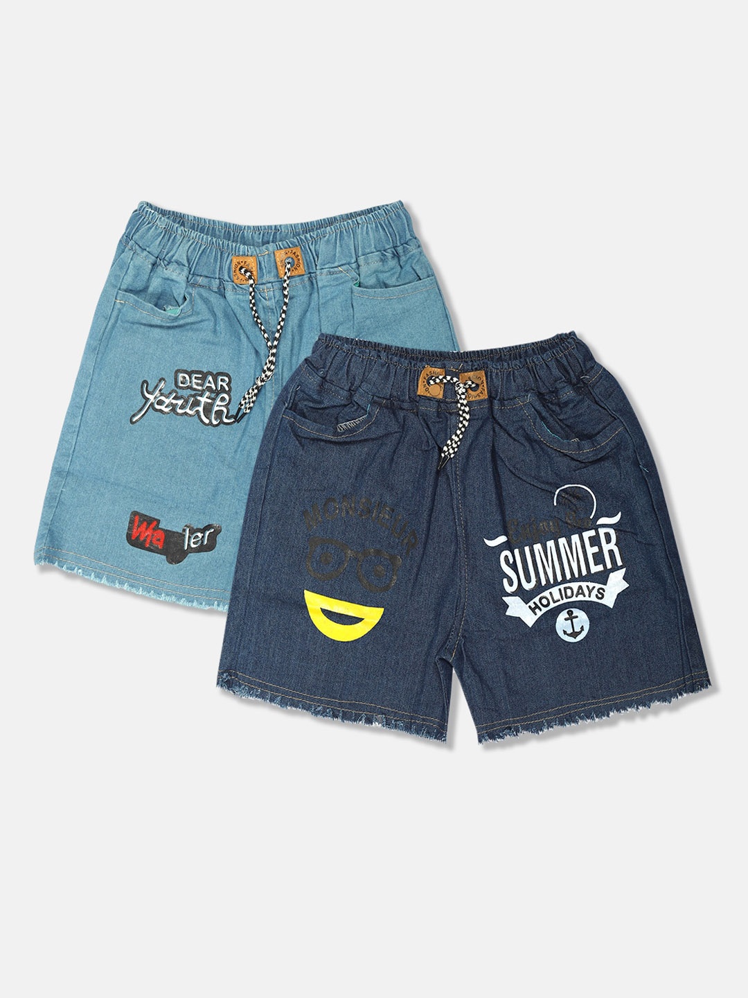 

MANZON Girls Pack Of 2 Printed Mid-Rise Denim Shorts, Blue