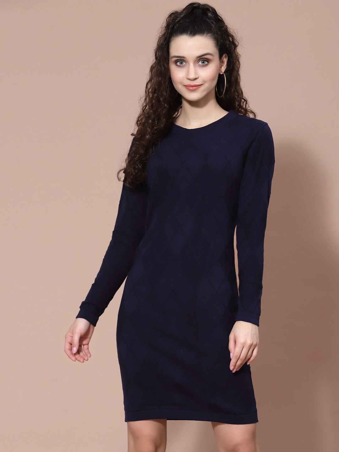 

BAESD Geometric Self designed Round Neck Long Sleeves Cotton Sheath Dress, Navy blue