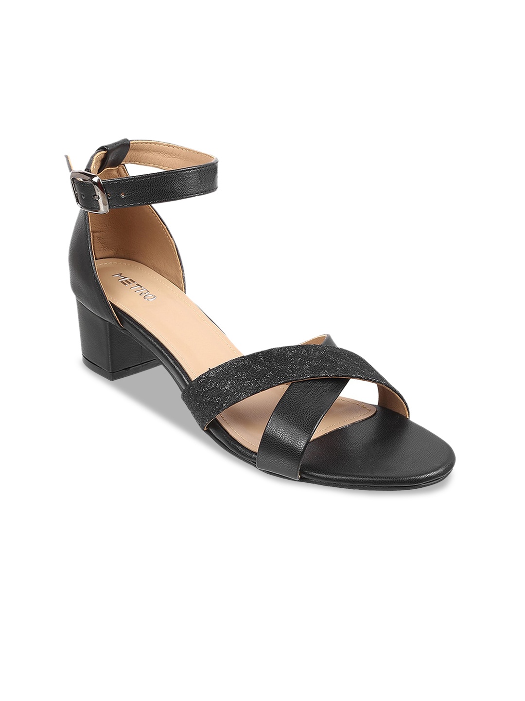 

Metro Textured Cross Strap Block Heels With Ankle Loop, Black
