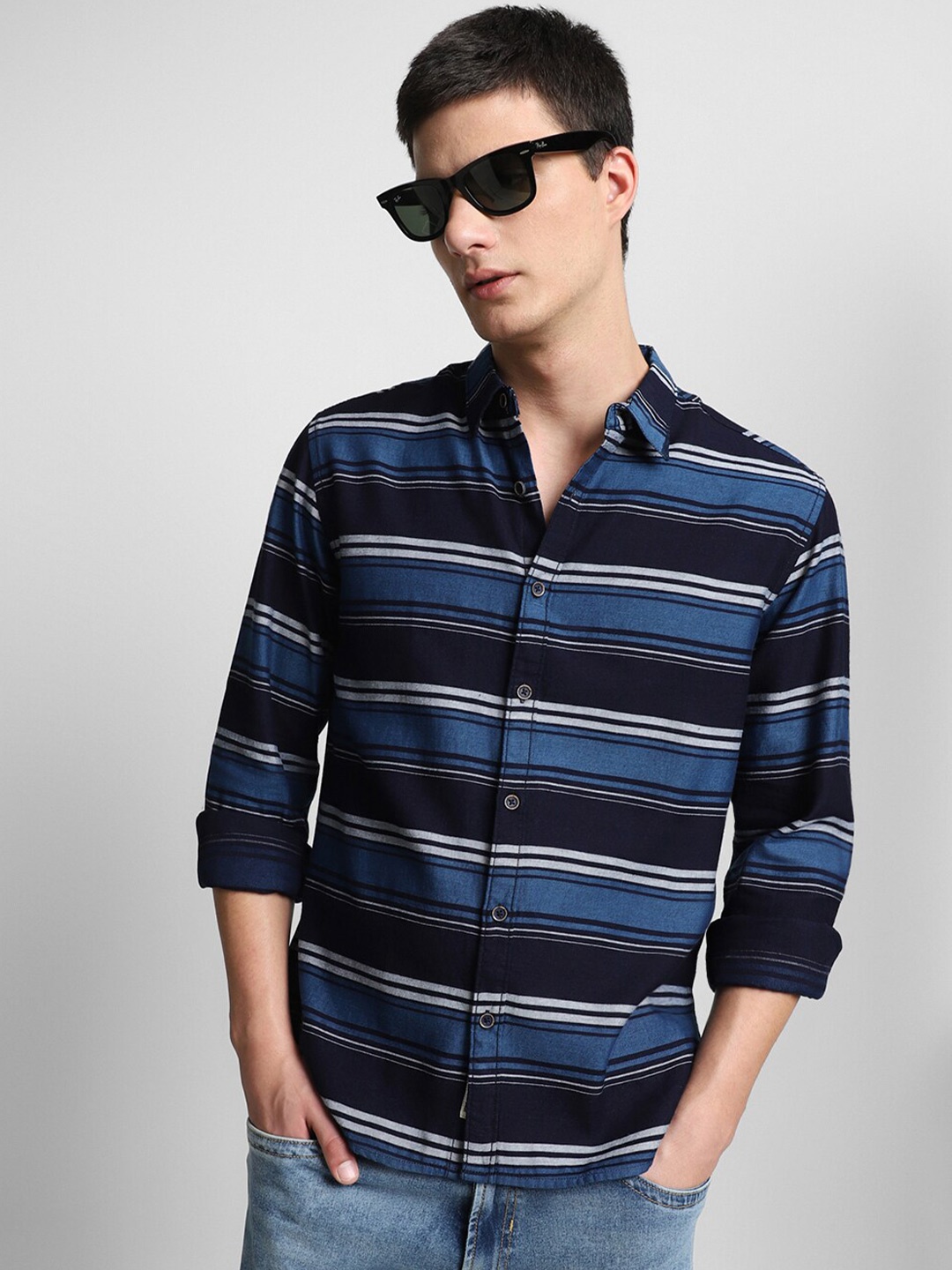 

Dennis Lingo Slim Fit Horizontal Striped Casual Shirt, Navy blue