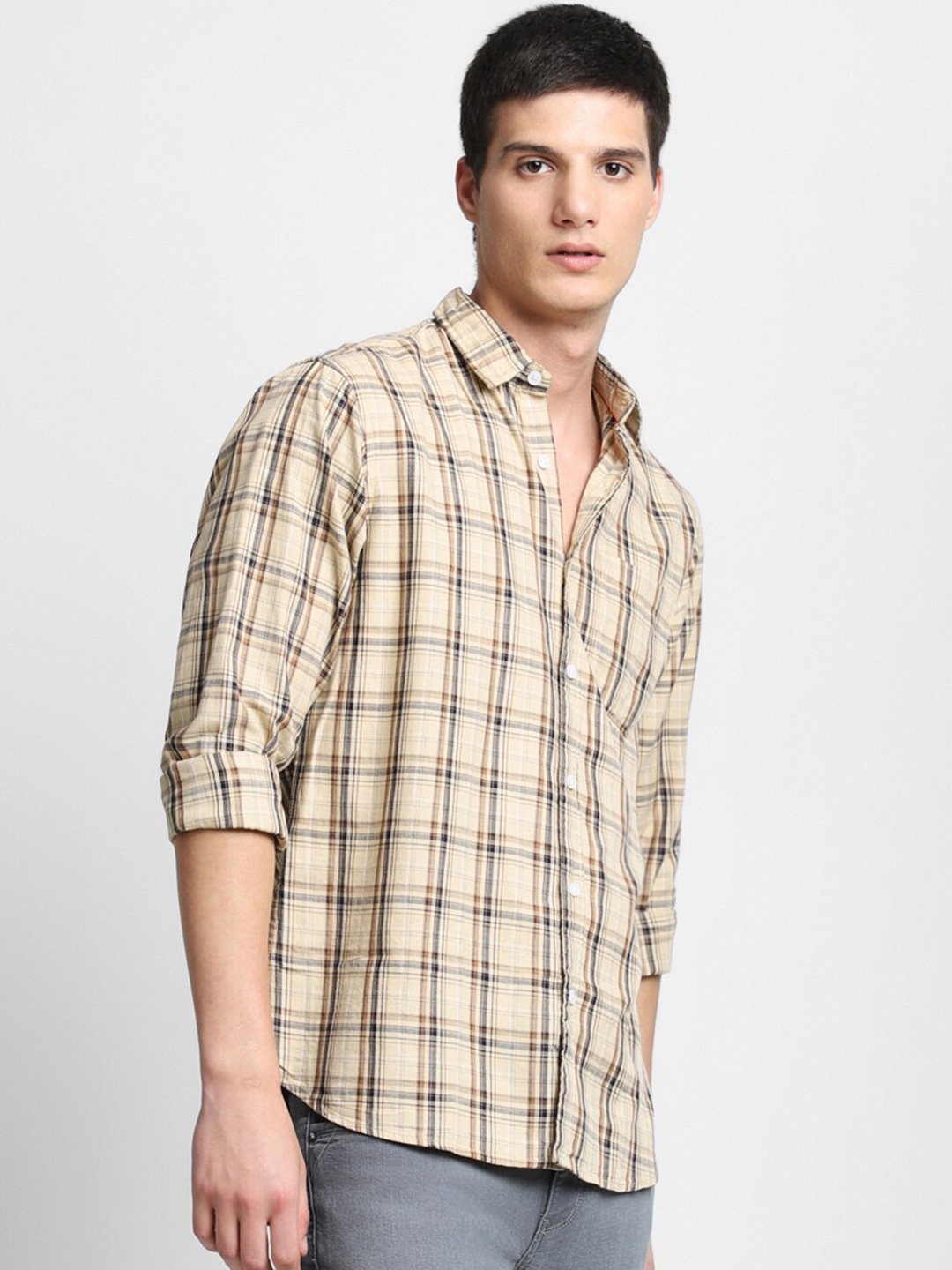 

Dennis Lingo Slim Fit Opaque Checked Pure Cotton Casual Shirt, Khaki