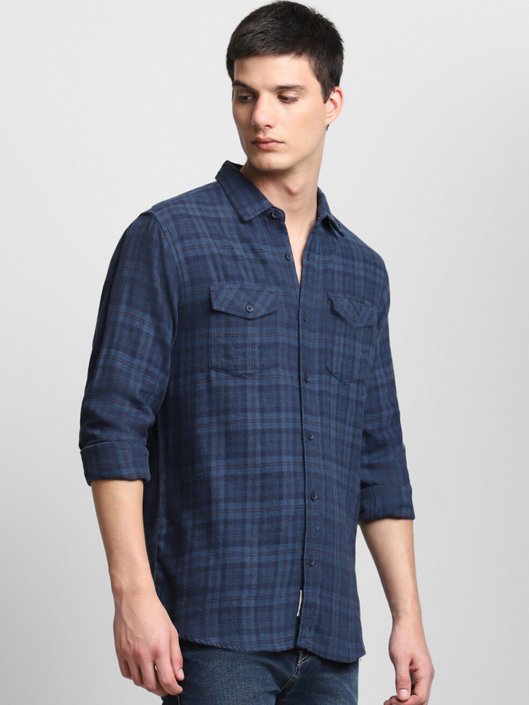 

Dennis Lingo Slim Fit Tartan Checked Pure Cotton Casual Shirt, Navy blue