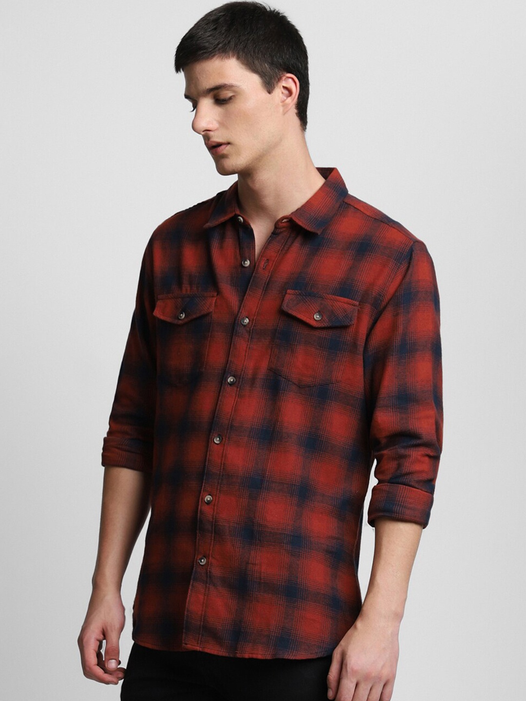 

Dennis Lingo Slim Fit Tartan Checks Pure Cotton Casual Shirt, Rust