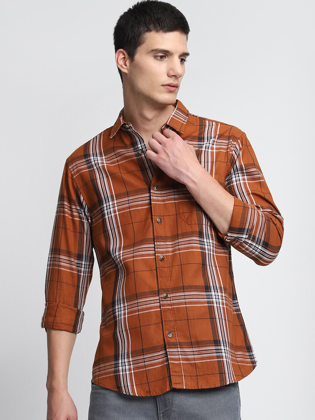 

Dennis Lingo Slim Fit Tartan Checks Pure Cotton Casual Shirt, Rust