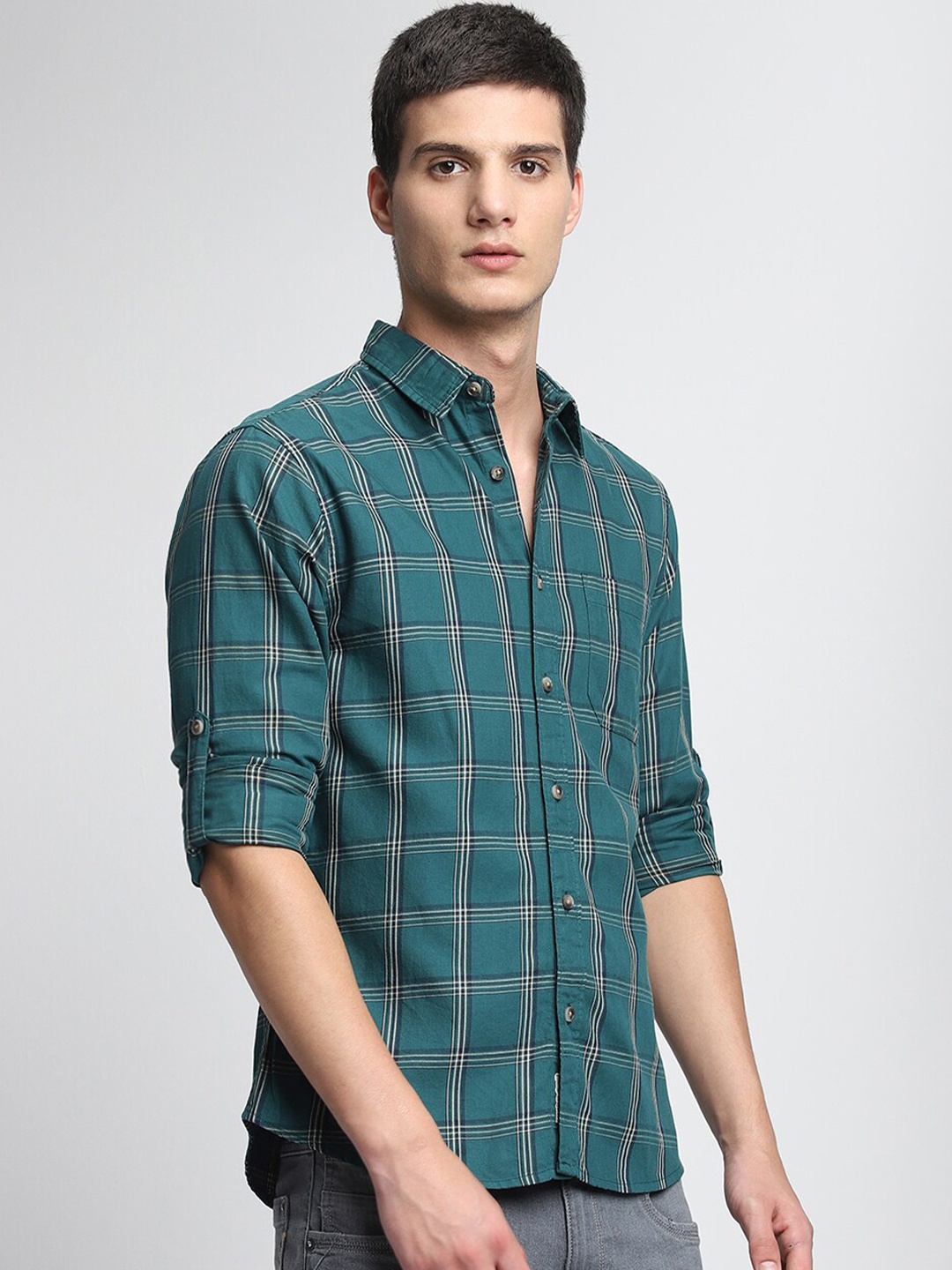 

Dennis Lingo Slim Fit Windowpane Checks Pure Cotton Casual Shirt, Green