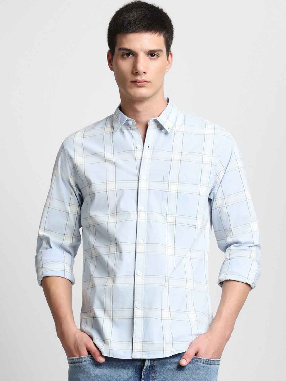 

Dennis Lingo Slim Fit Tartan Checks Button-Down Collar Pure Cotton Casual Shirt, Blue