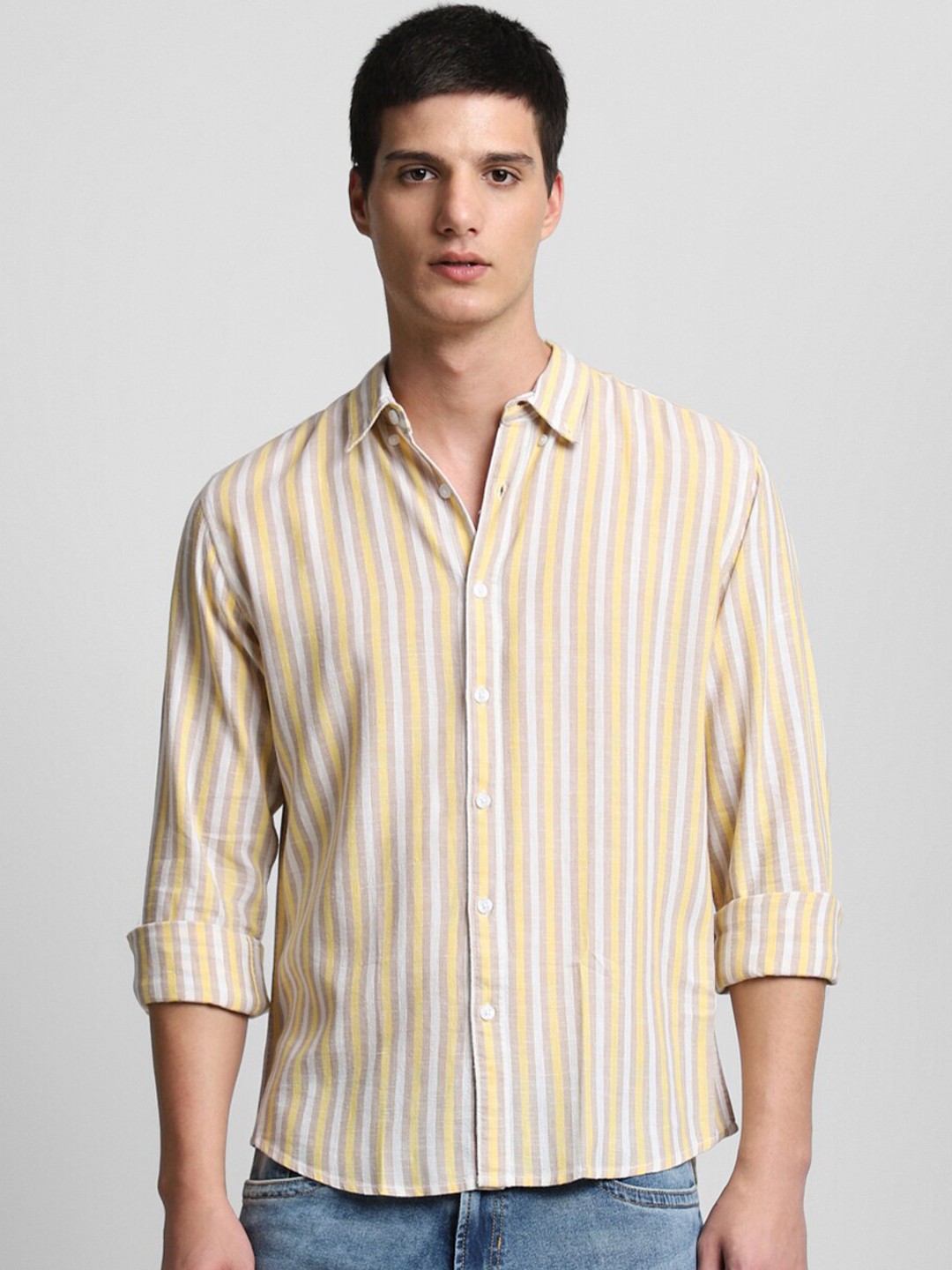 

Dennis Lingo Slim Fit Vertical Stripes Pure Cotton Casual Shirt, Yellow