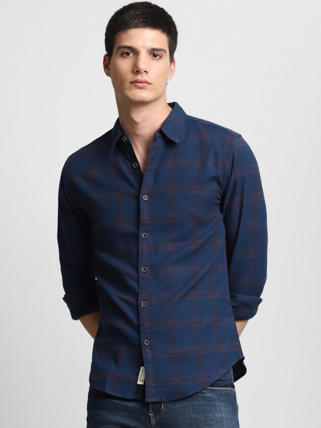 

Dennis Lingo Slim Fit Tartan Checks Pure Cotton Casual Shirt, Navy blue