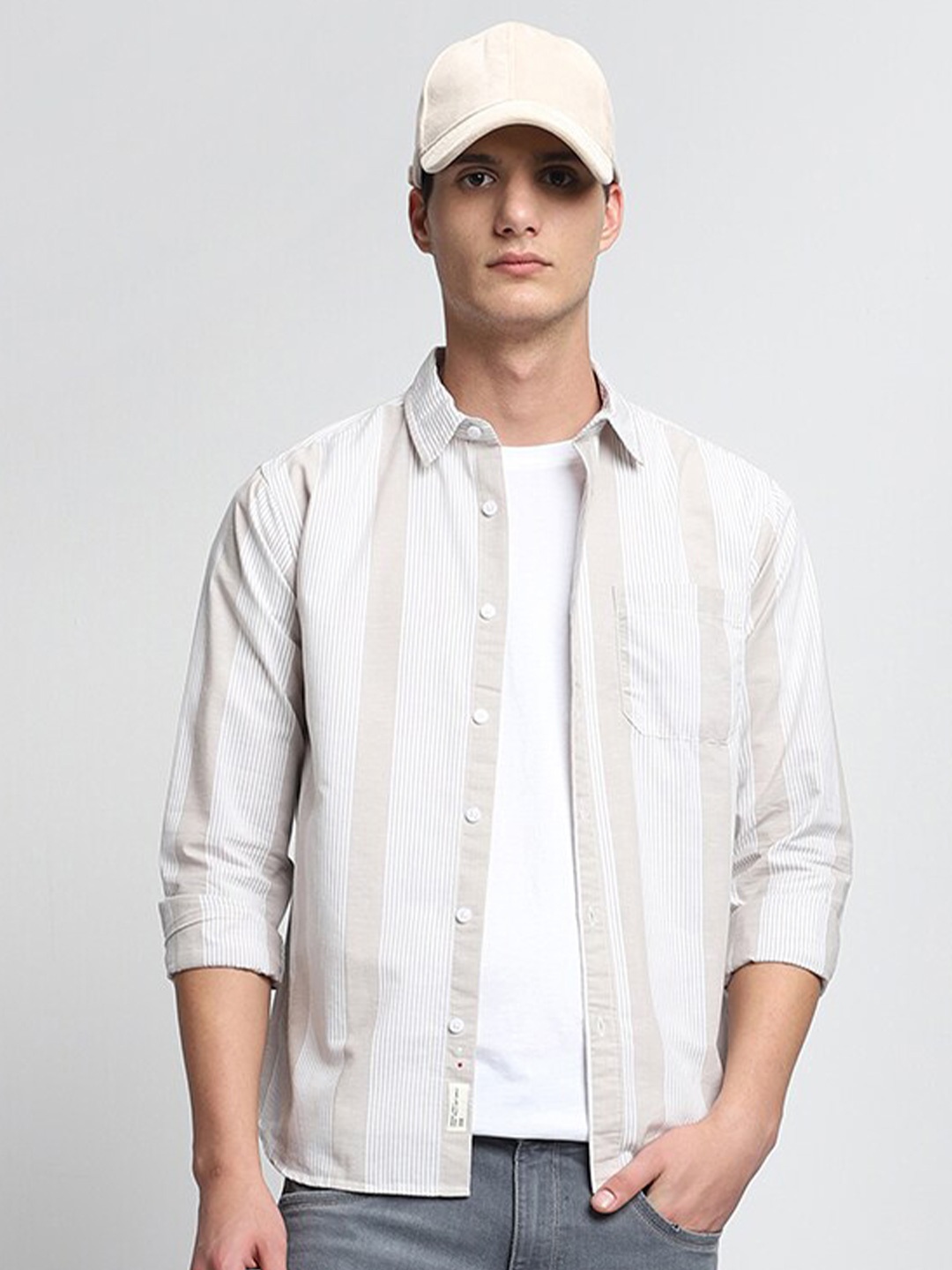 

Dennis Lingo Slim Fit Vertical Stripes Pure Cotton Casual Shirt, Khaki