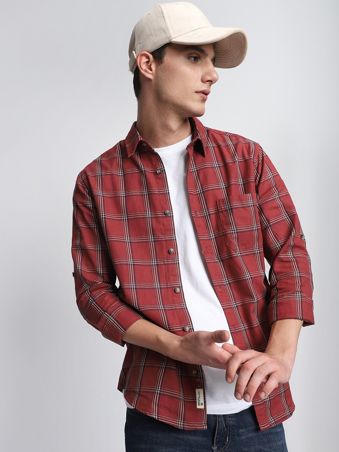 

Dennis Lingo Slim Fit Windowpane Checks Pure Cotton Casual Shirt, Red