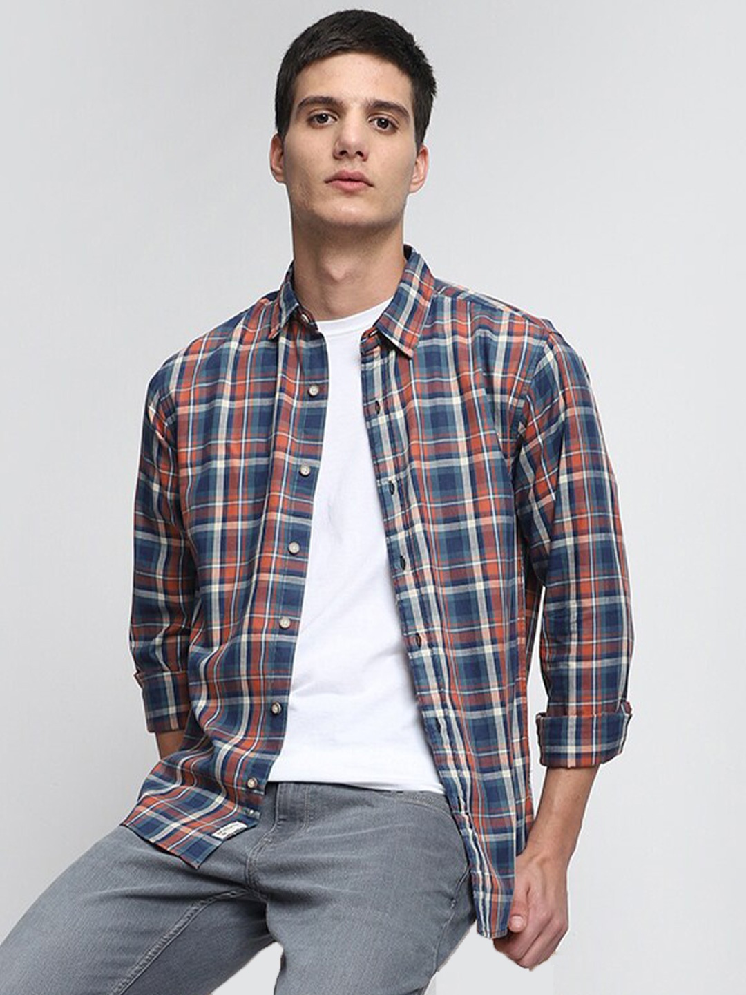 

Dennis Lingo Slim Fit Tartan Checks Pure Cotton Casual Shirt, Orange