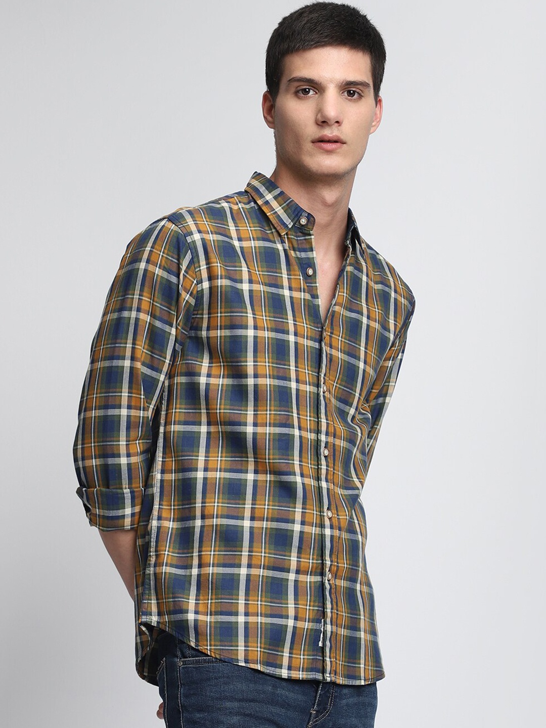 

Dennis Lingo Slim Fit Tartan Checks Pure Cotton Casual Shirt, Yellow