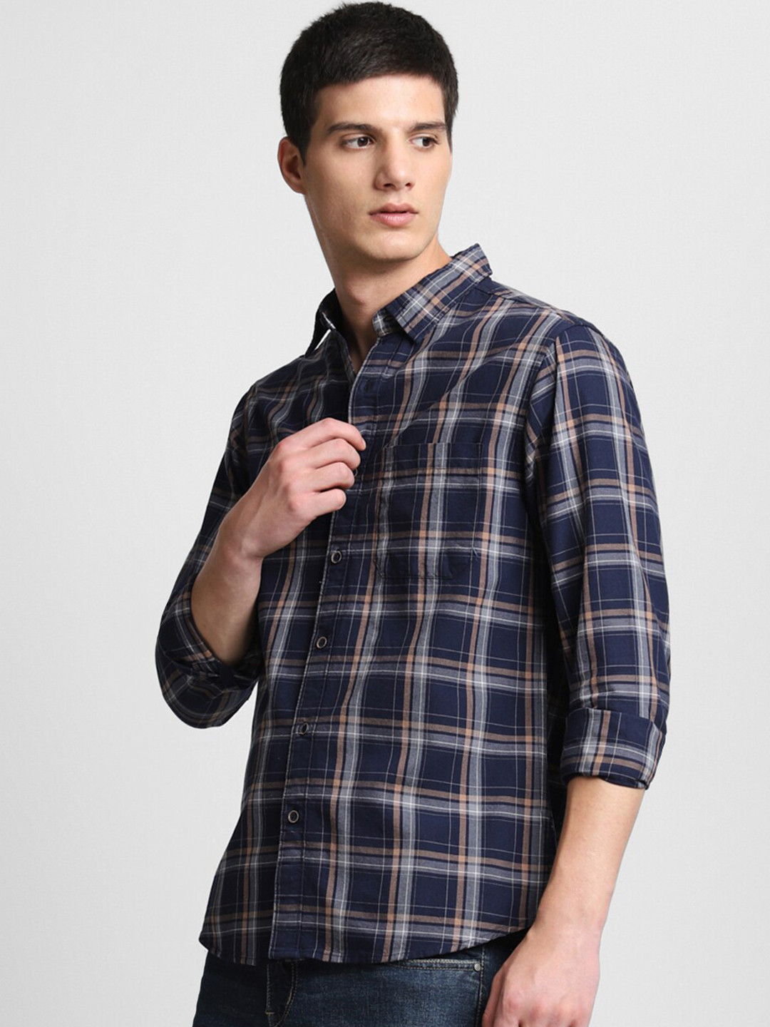 

Dennis Lingo Slim Fit Tartan Checks Pure Cotton Casual Shirt, Navy blue