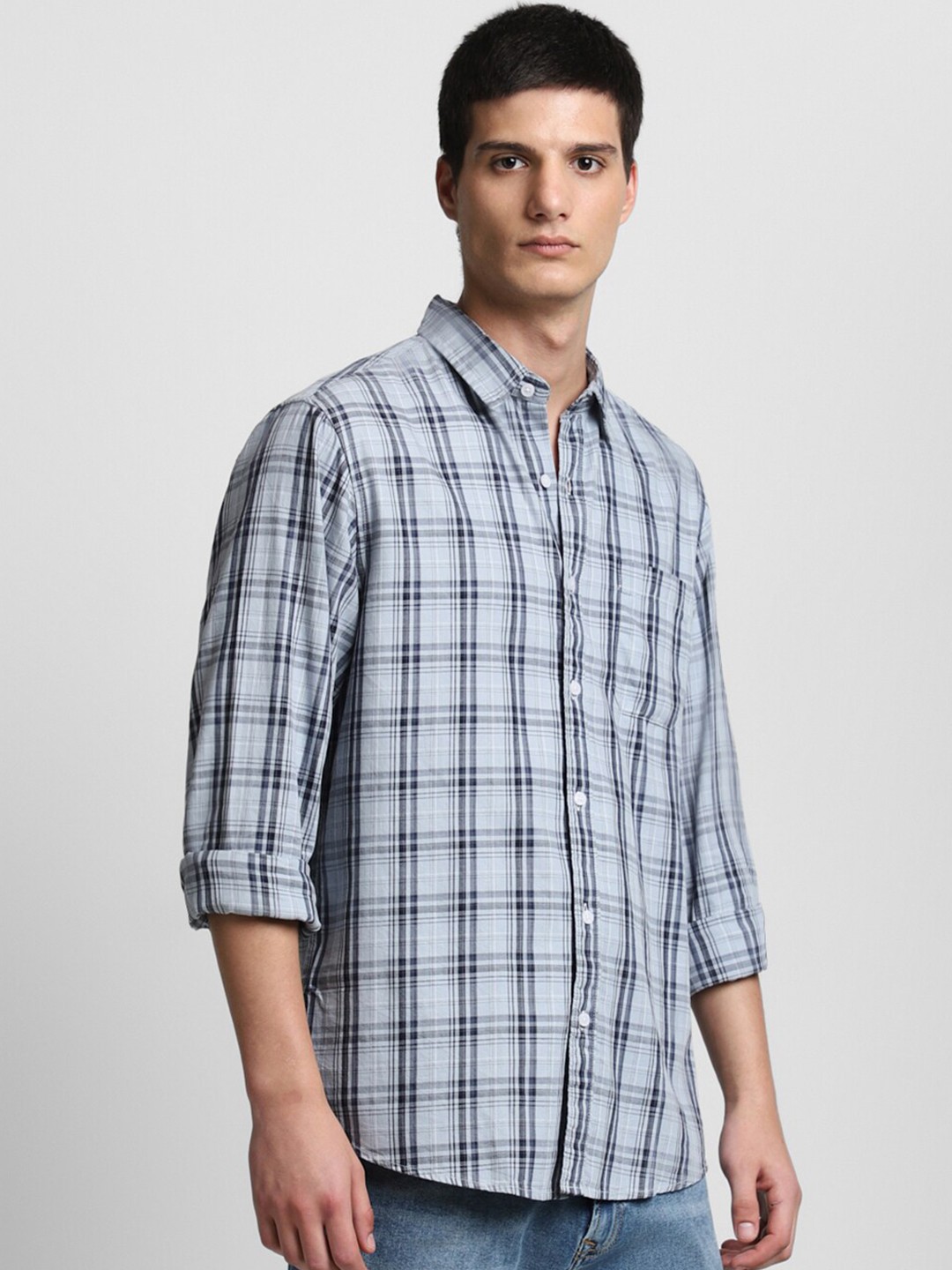 

Dennis Lingo Slim Fit Tartan Checks Pure Cotton Casual Shirt, Blue