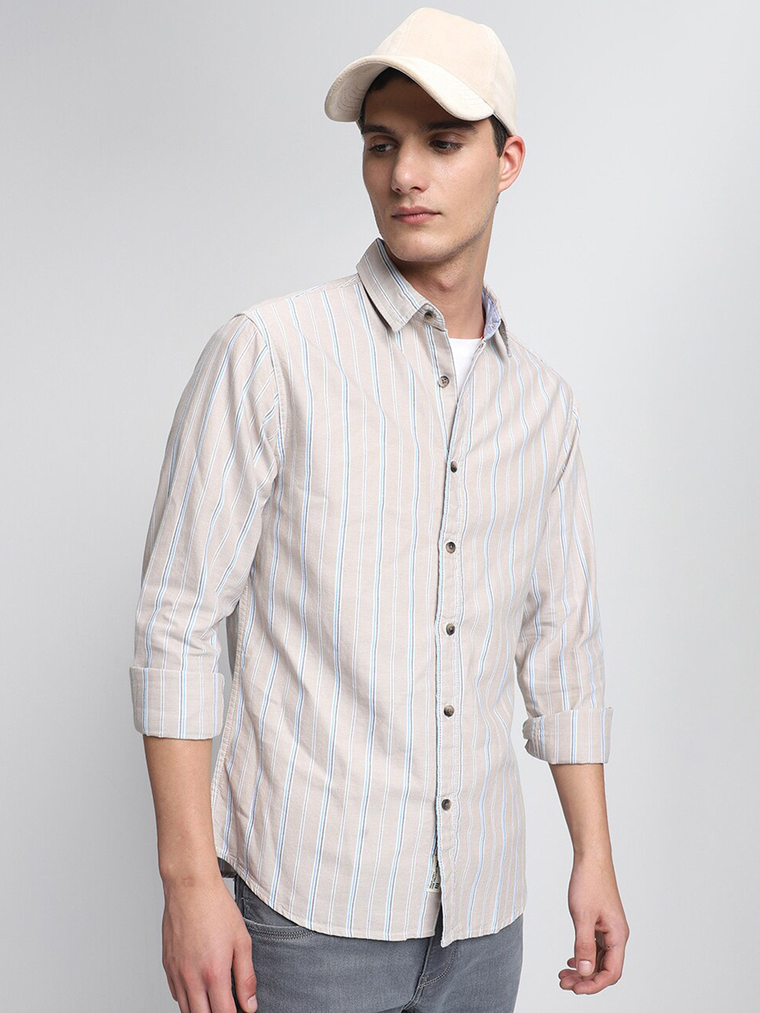 

Dennis Lingo Striped Spread Collar Slim Fit Pure Cotton Casual Shirt, Khaki