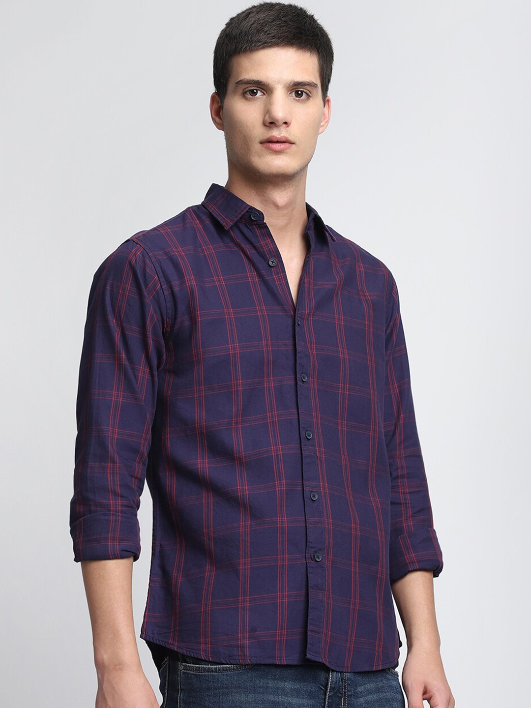 

Dennis Lingo Slim Fit Windowpane Checked Pure Cotton Casual Shirt, Navy blue