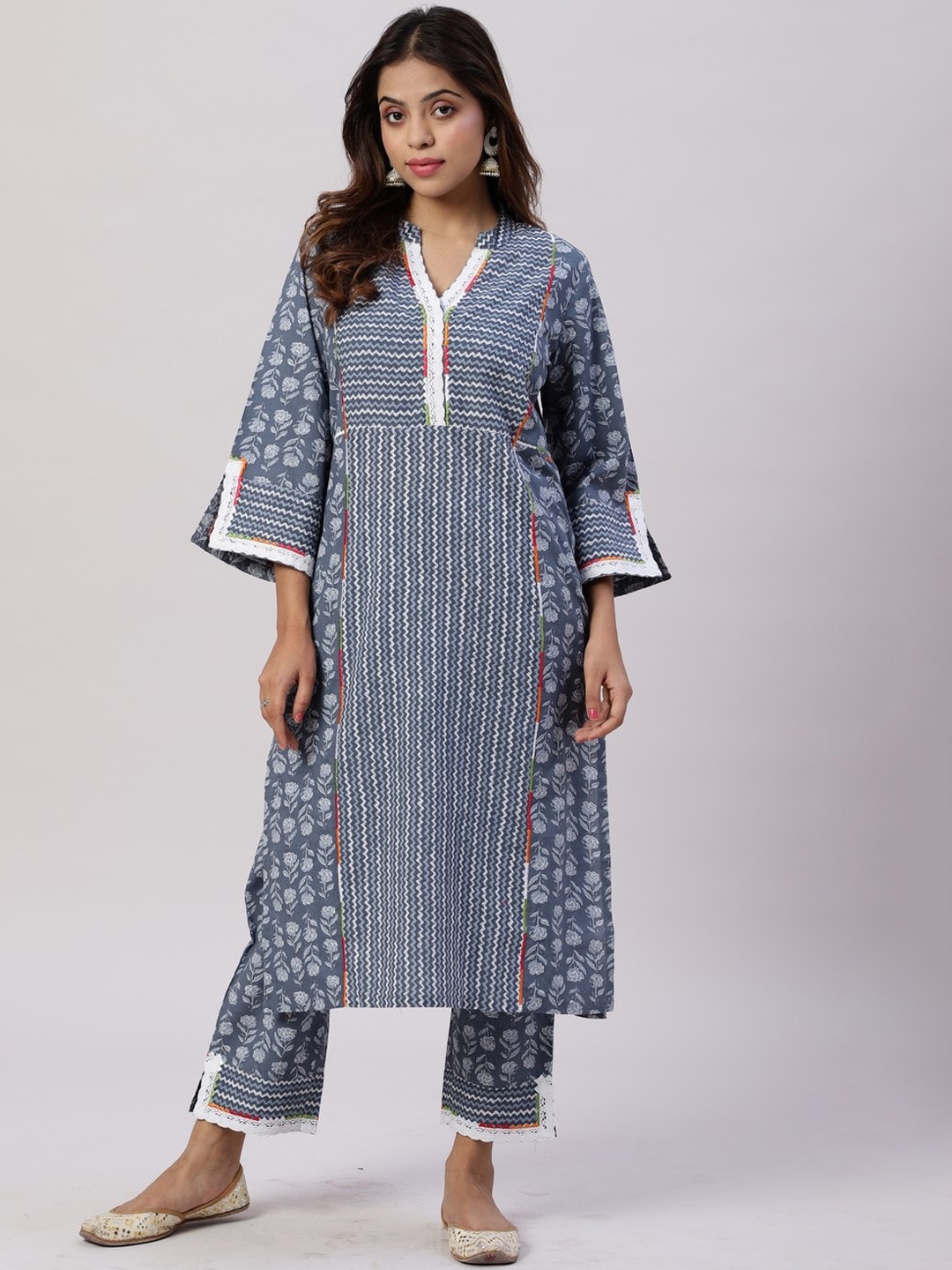 

Spring Soul Striped Flared Sleeves Pure Cotton Anarkali Kurta, Blue