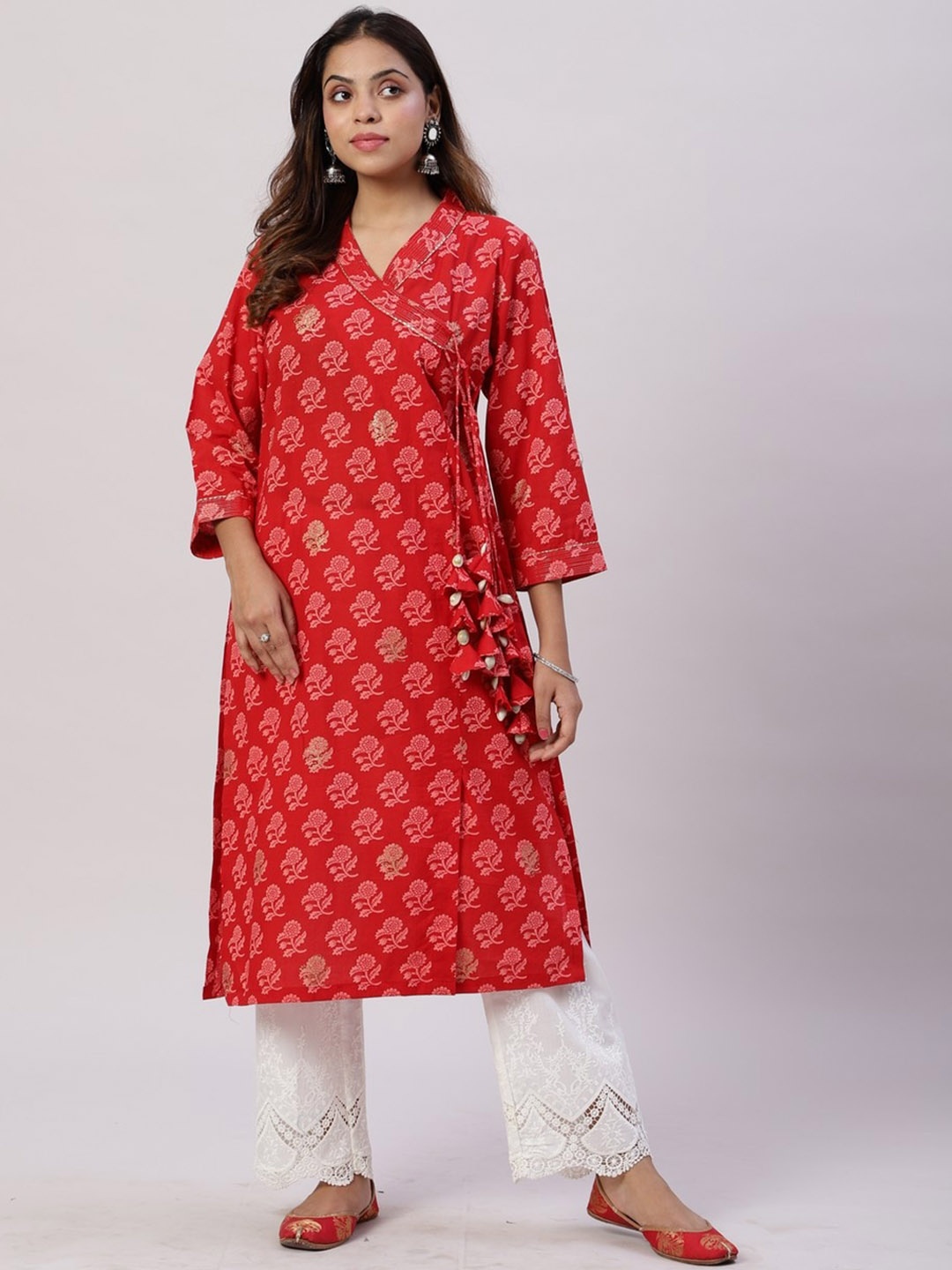 

Spring Soul Floral Printed Angrakha Cotton Kurta, Red