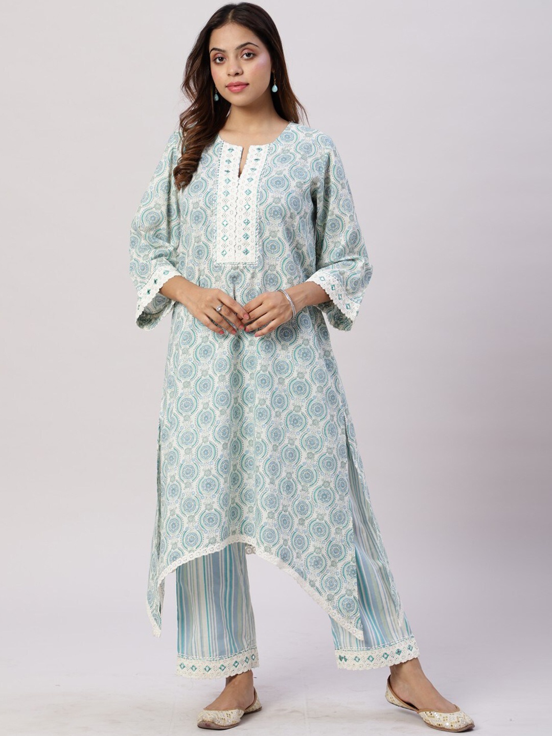 

Spring Soul Ethnic Motifs Printed Mirror And Thread Work Keyhole Neck A-Line Kurta, Blue