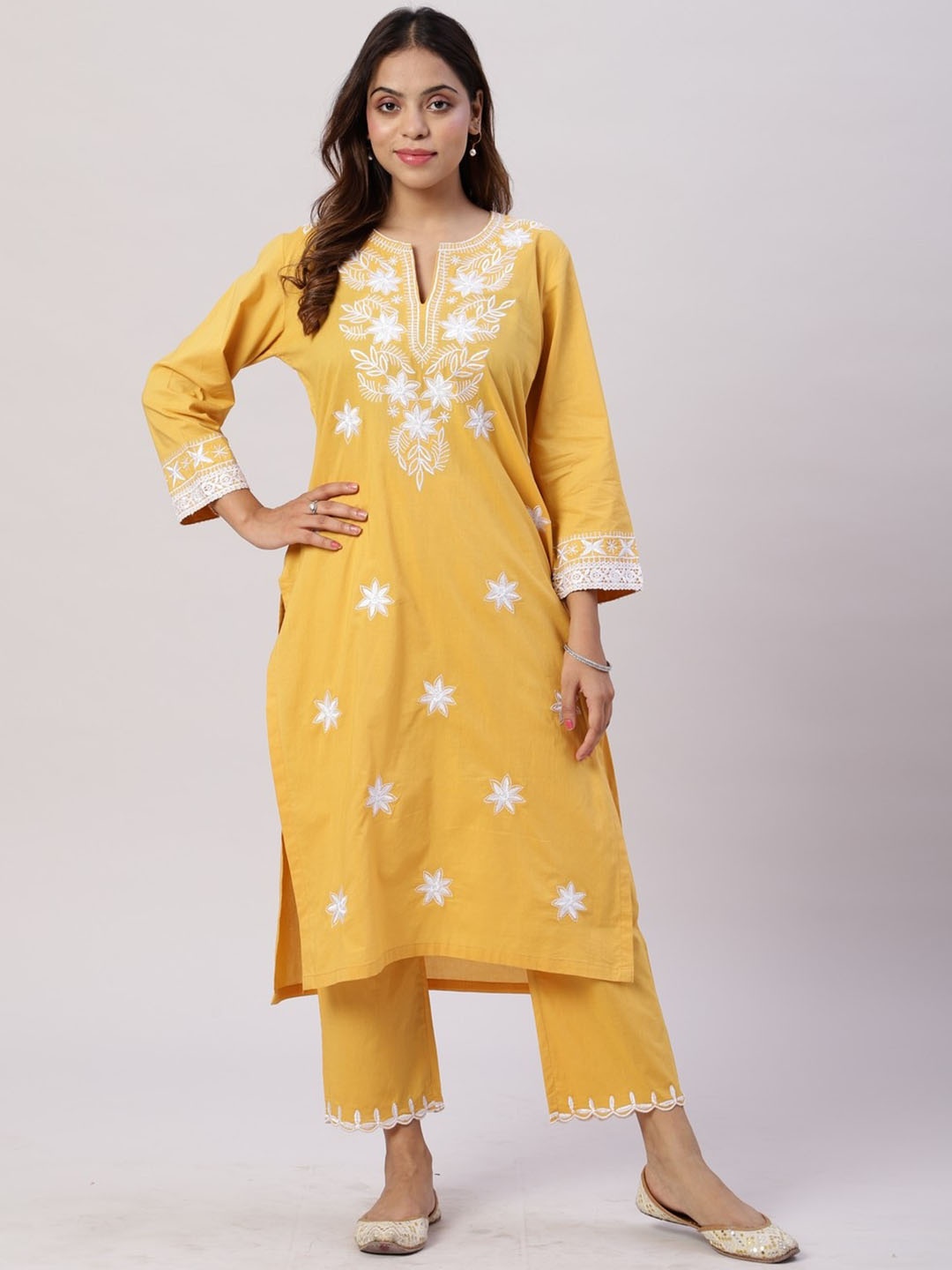 Spring Soul Floral Yoke Design Thread Work Pure Cotton Kurta, Yellow