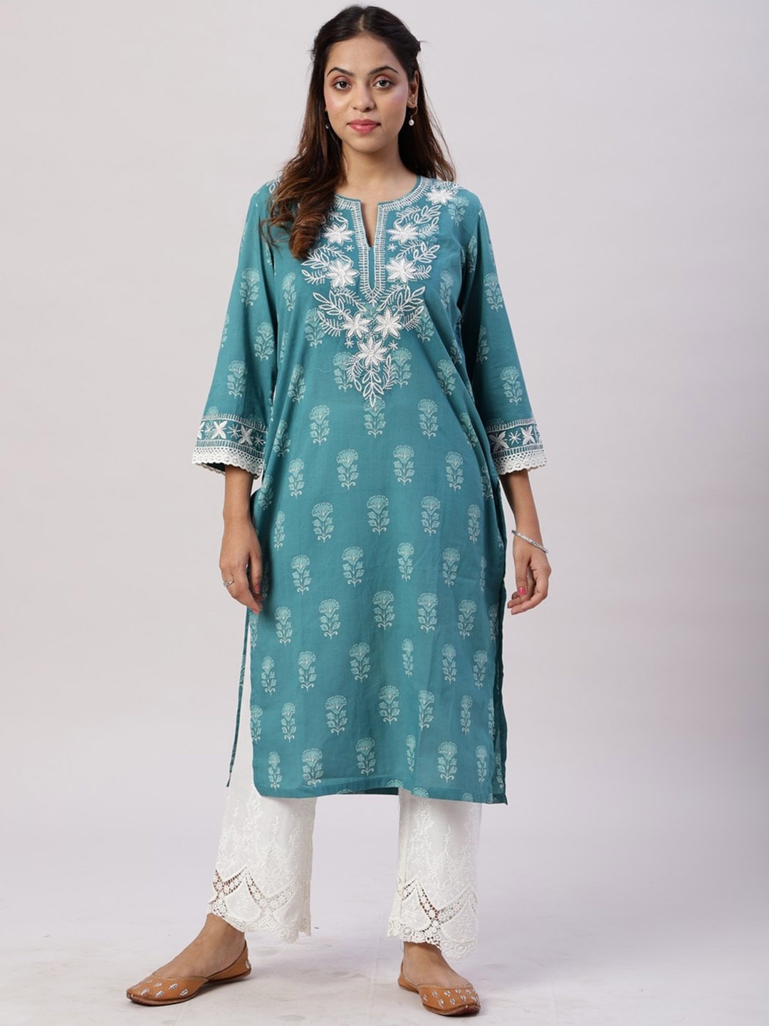 

Spring Soul Ethnic Motifs Printed Thread Work Cotton Kurta, Teal