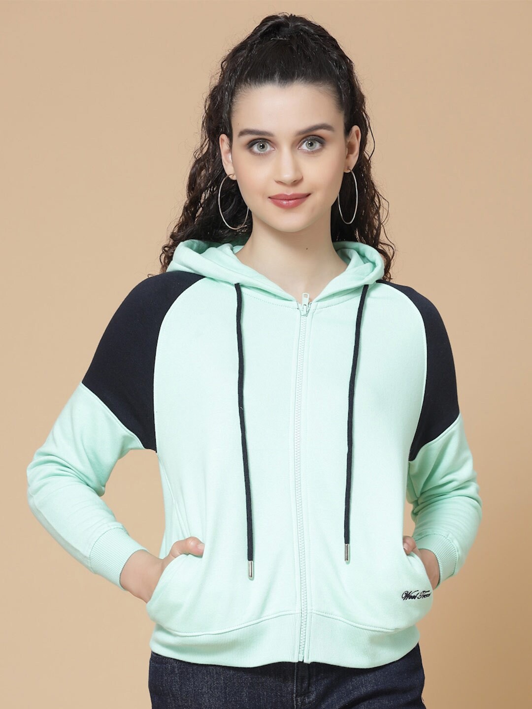 

BAESD Colourblocked Hooded Cotton Front Open Sweatshirt, Green