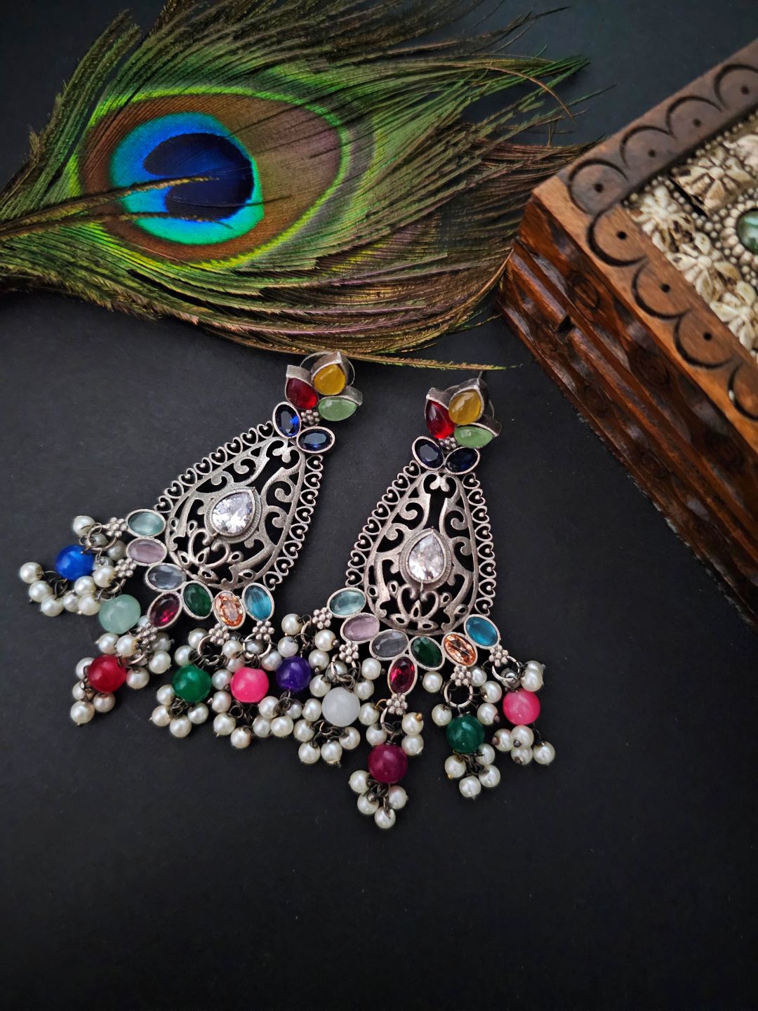 

Binnis Wardrobe Silver-Plated Stone-Studded Contemporary Drop Earrings