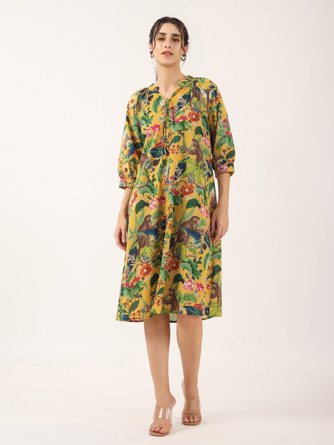 

SANSKRUTIHOMES Conversational Printed Tie-Up Neck Puff Sleeves Cotton A-Line Midi Dress, Yellow