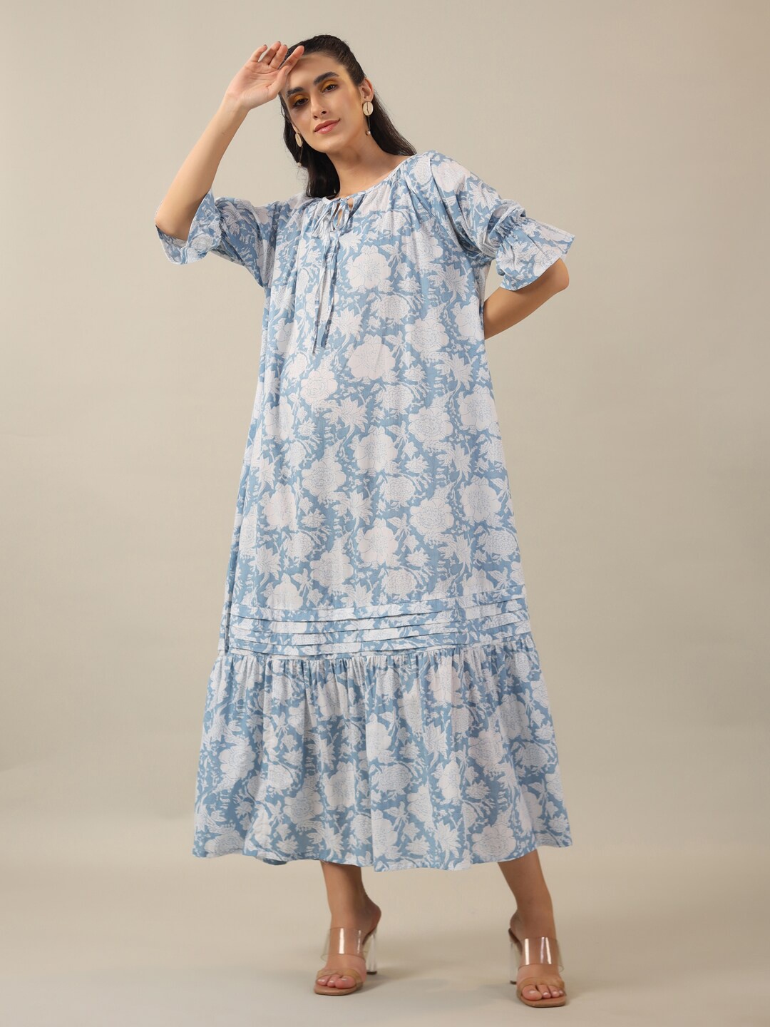 

SANSKRUTIHOMES Floral Printed Tie-Up Neck Puff Sleeves Gathered Cotton A-Line Midi Dress, Blue