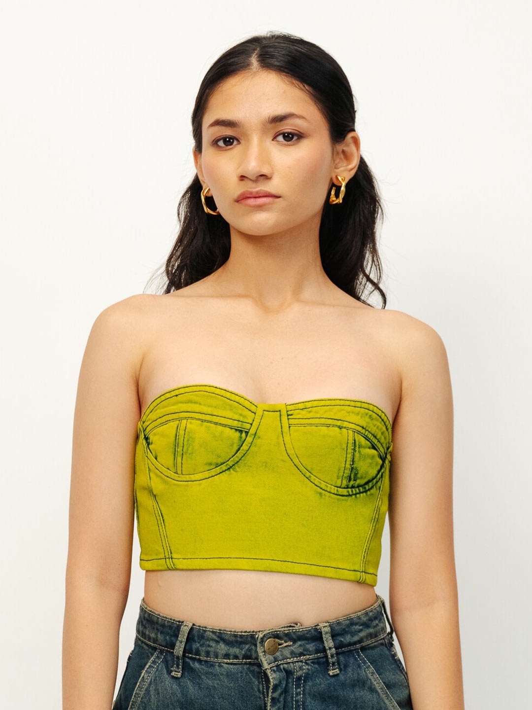 

FREAKINS Green Cotton Denim Off-Shoulder Tube Crop Top, Na