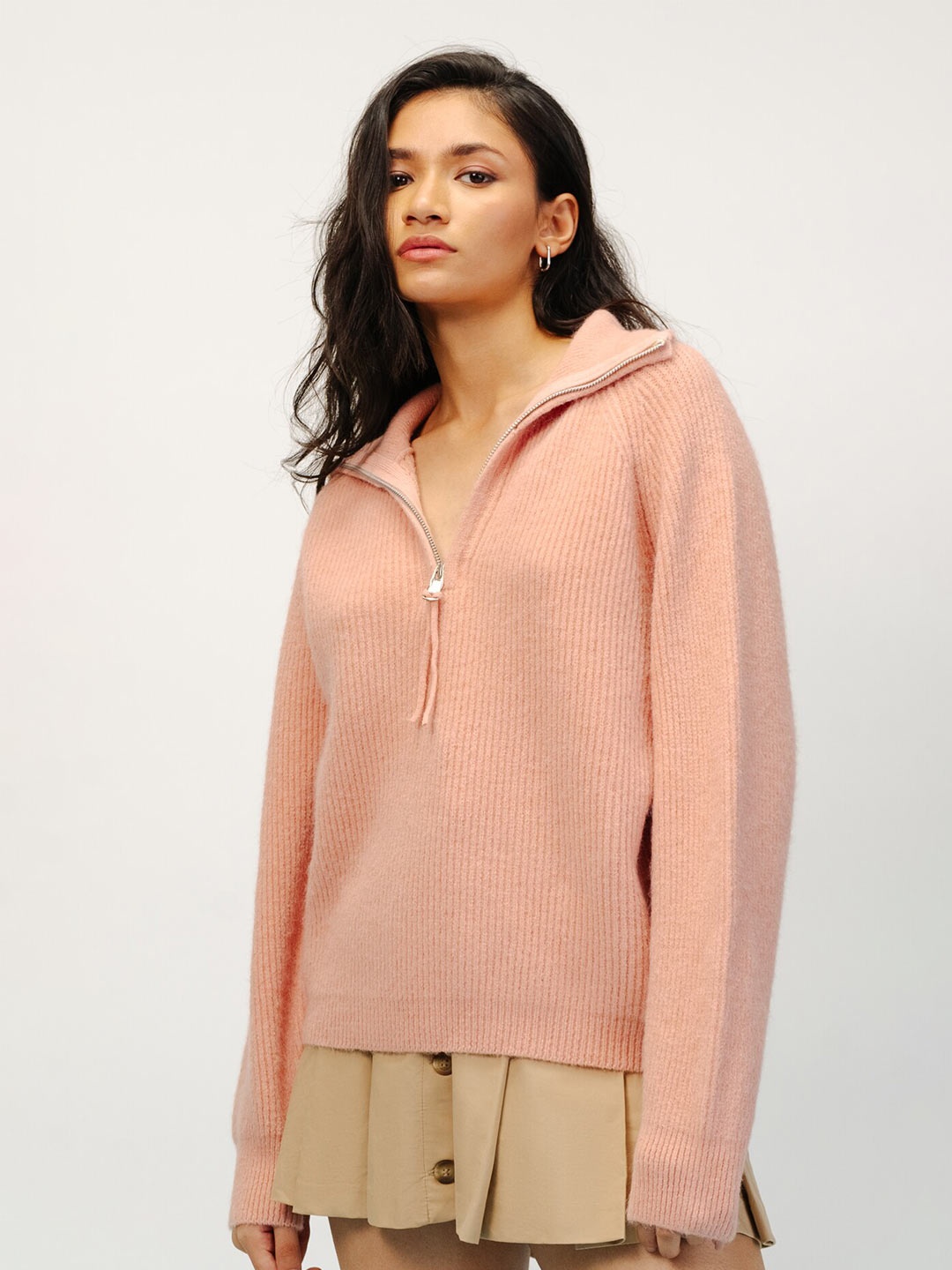 

FREAKINS Half Zipper Ribbed Cardigan, Peach