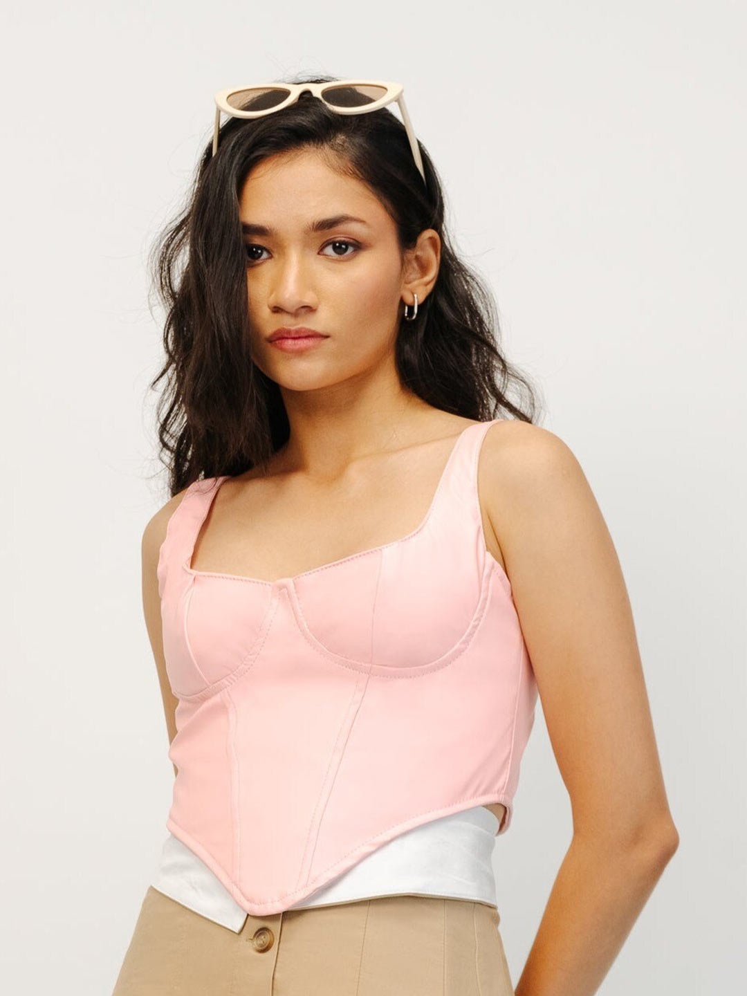 

FREAKINS Pink Shoulder Strap Leather Corset Crop Top
