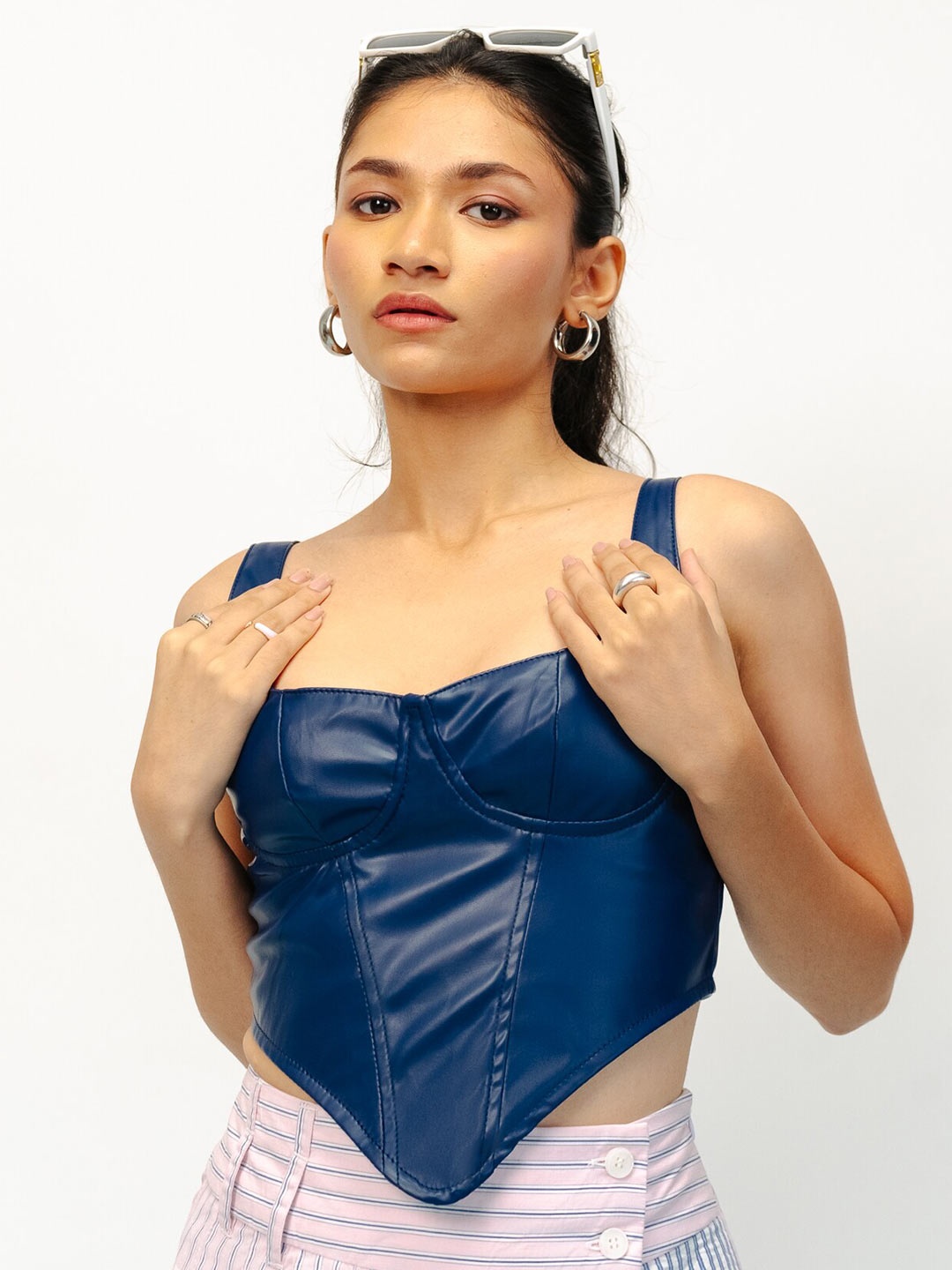 

FREAKINS Blue Shoulder Strap Leather Corset Crop Top