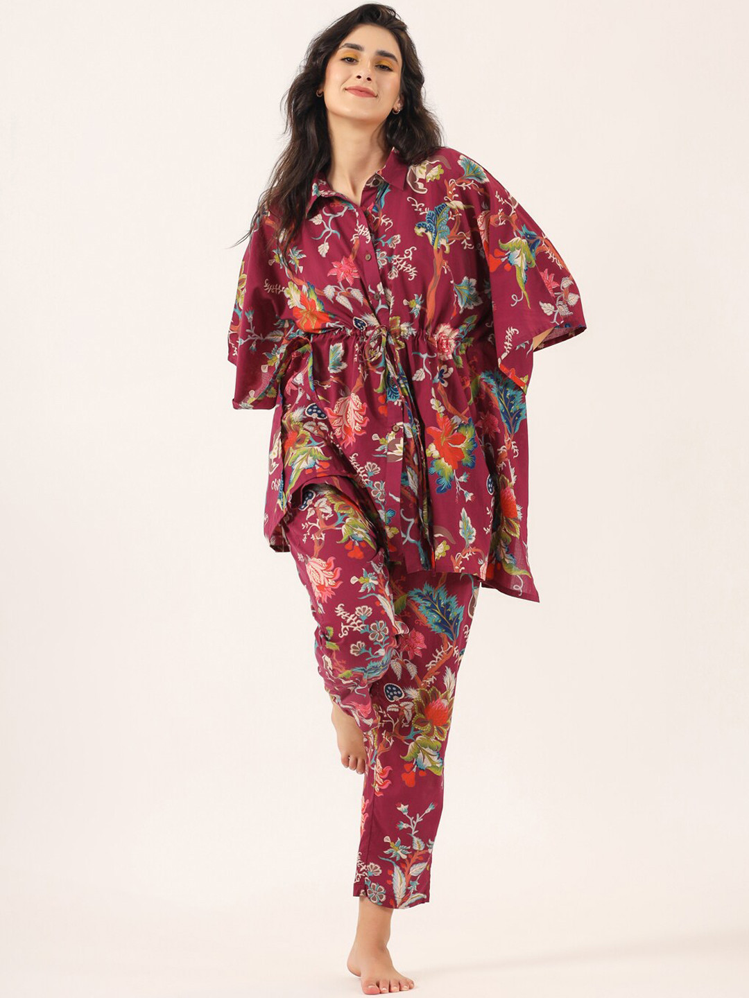 

SANSKRUTIHOMES Floral Printed Pure Cotton Kaftan Night suit, Magenta