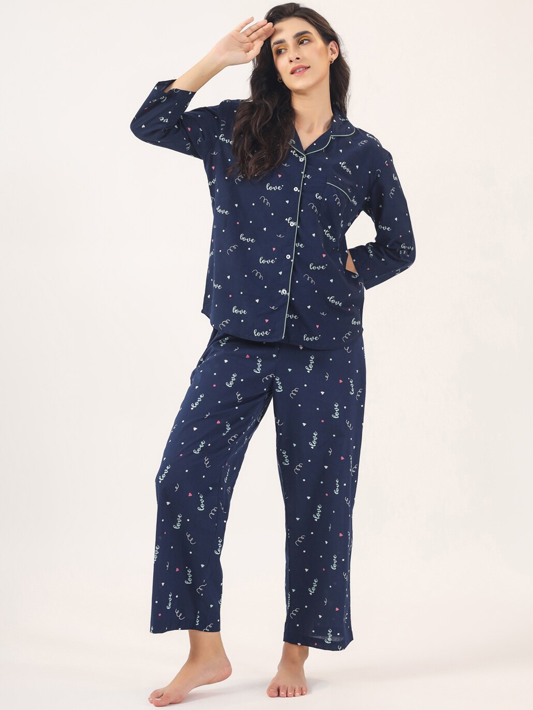 

SANSKRUTIHOMES Women Blue & Pink Printed Pure Cotton Night suit