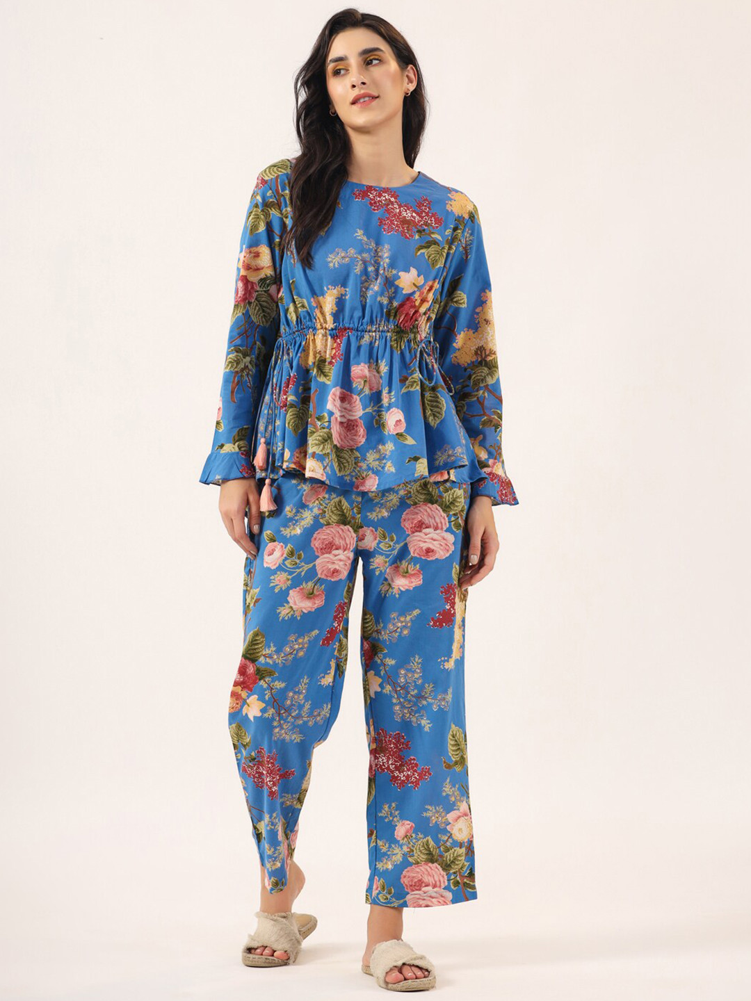 

SANSKRUTIHOMES Floral Printed Pure Cotton Night Suit, Blue