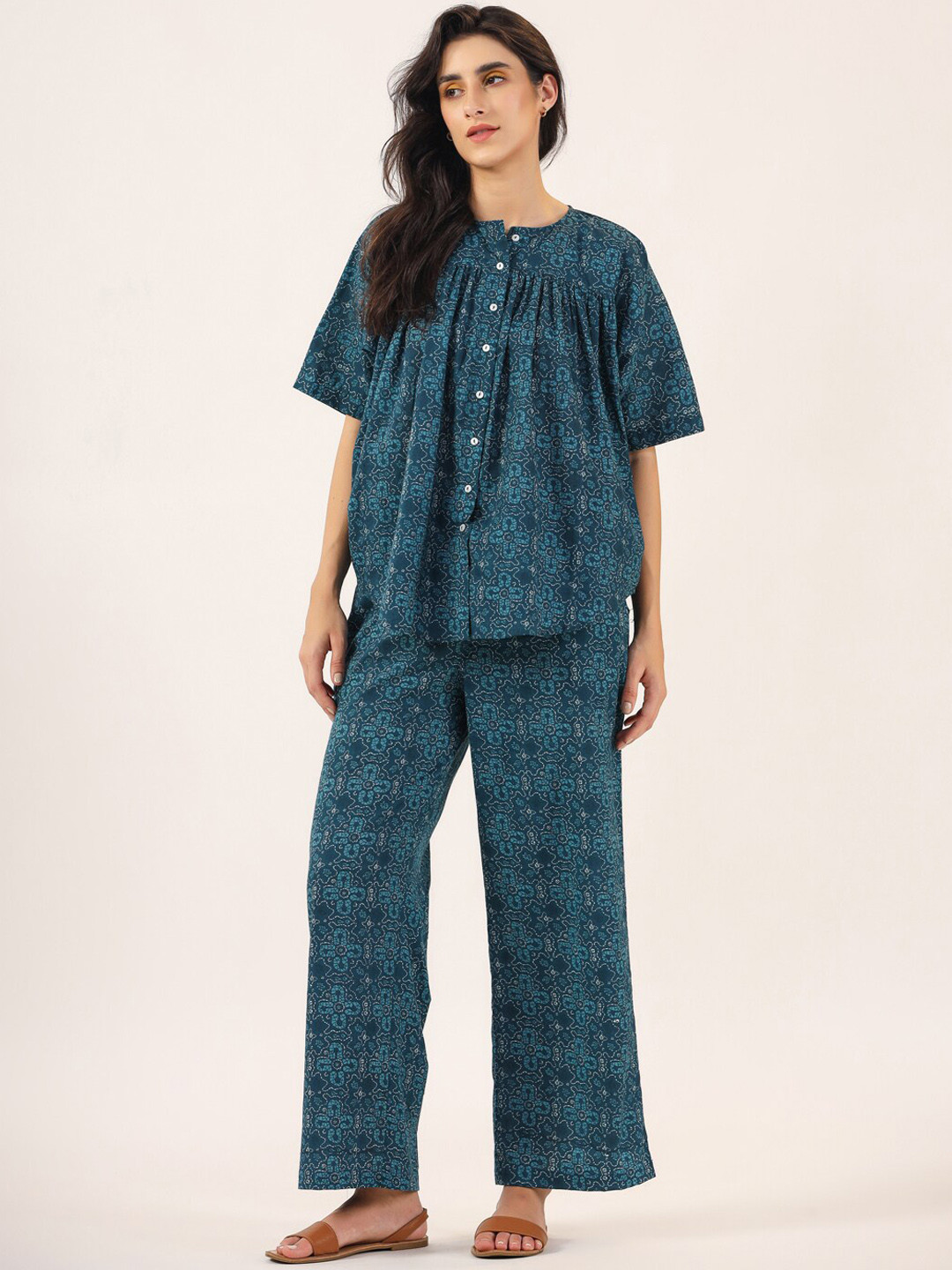 

SANSKRUTIHOMES Pure Cotton Printed Night Suit, Blue