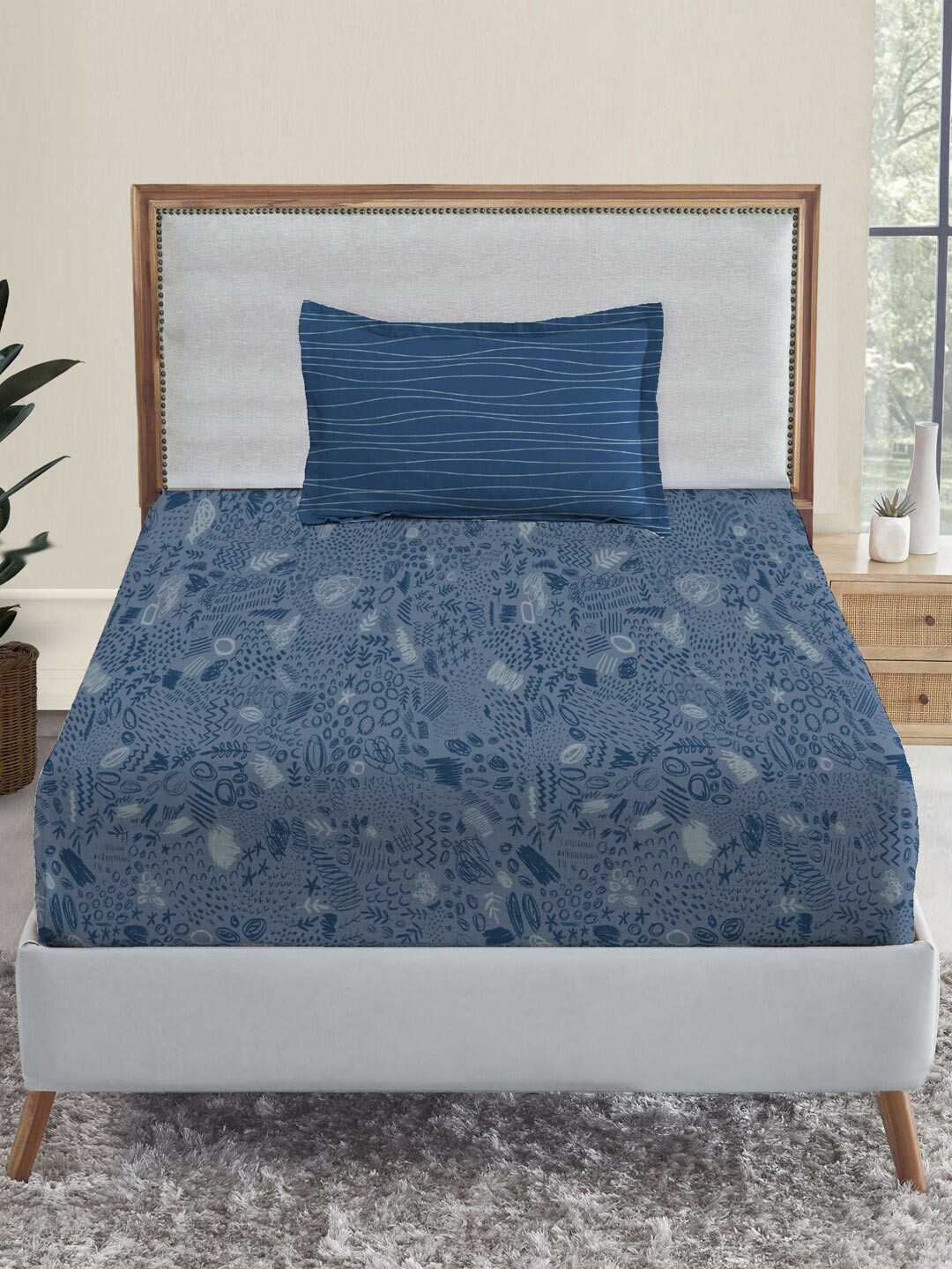 

MYTRIDENT Dusk and Dawn Navy Blue Floral Pure Cotton 144 TC Single Bedsheet Pillow Cover