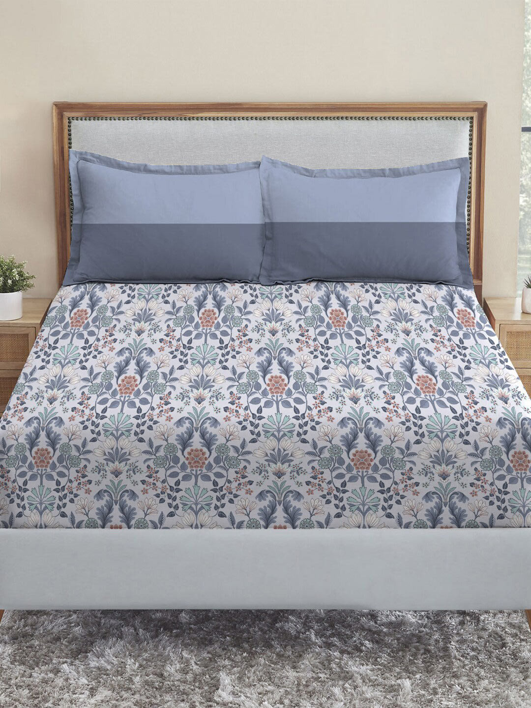 

MYTRIDENT Dusk and Dawn Blue Printed Pure Cotton 144 TC Queen Bedsheet 2 Pillow Covers